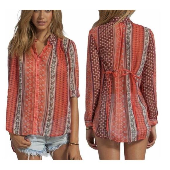 Free People XS Moonlight Mile Blouse Red Sheer Chiffon Floral Tunic Flowy‎ - Picture 1 of 13